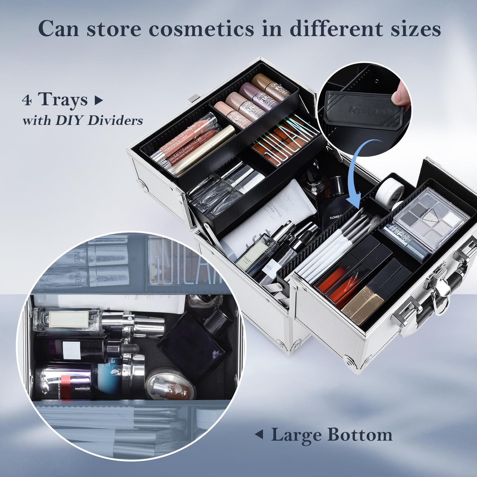 Valise maquillage FRENESSA à quatre étages, accès rapide et organisé.