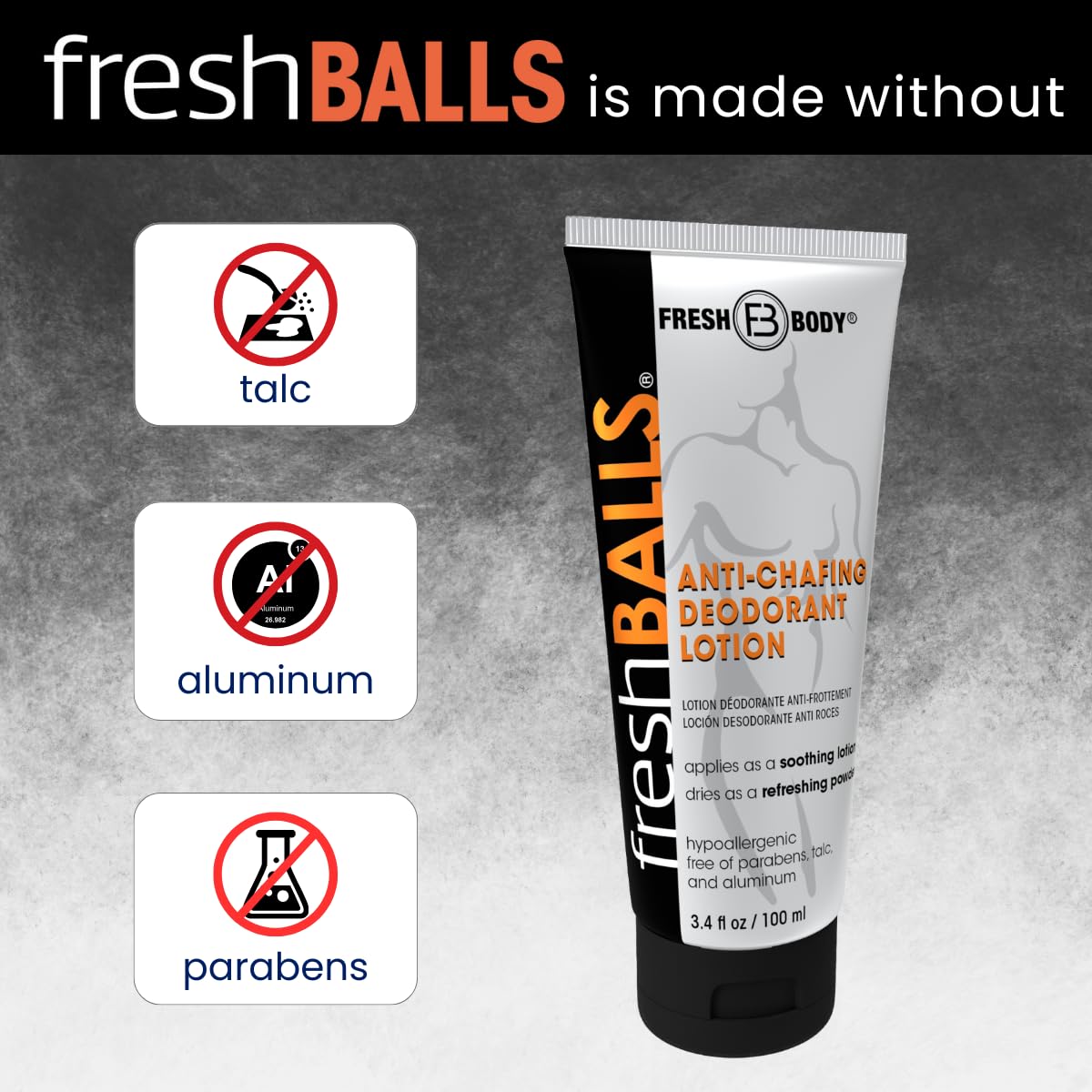 Fresh Balls texte emballage, ingrédients sans talc, parabènes et aluminium