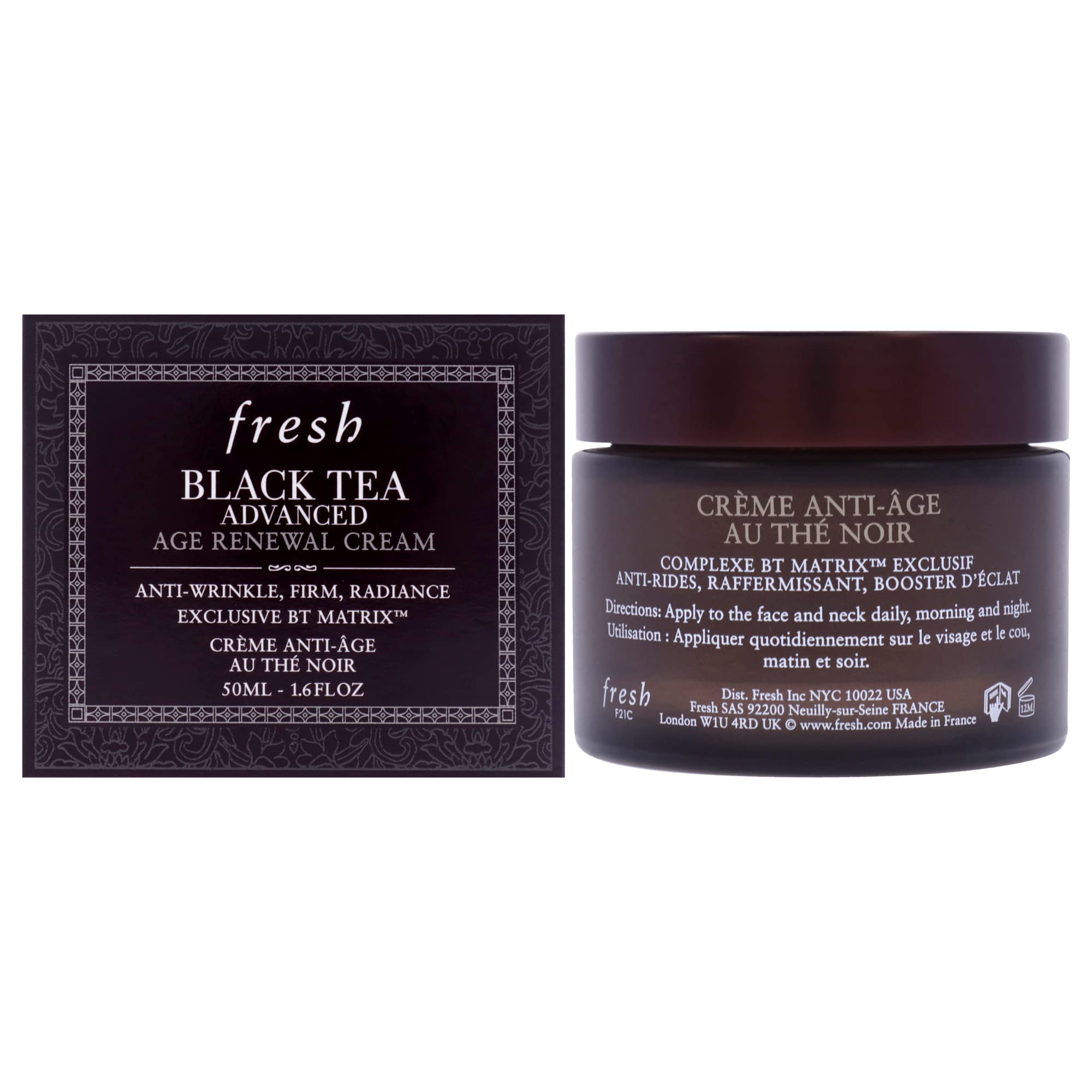 Fresh Crème Anti-âge thé noir, flacon 50 ml, hydratation durable.