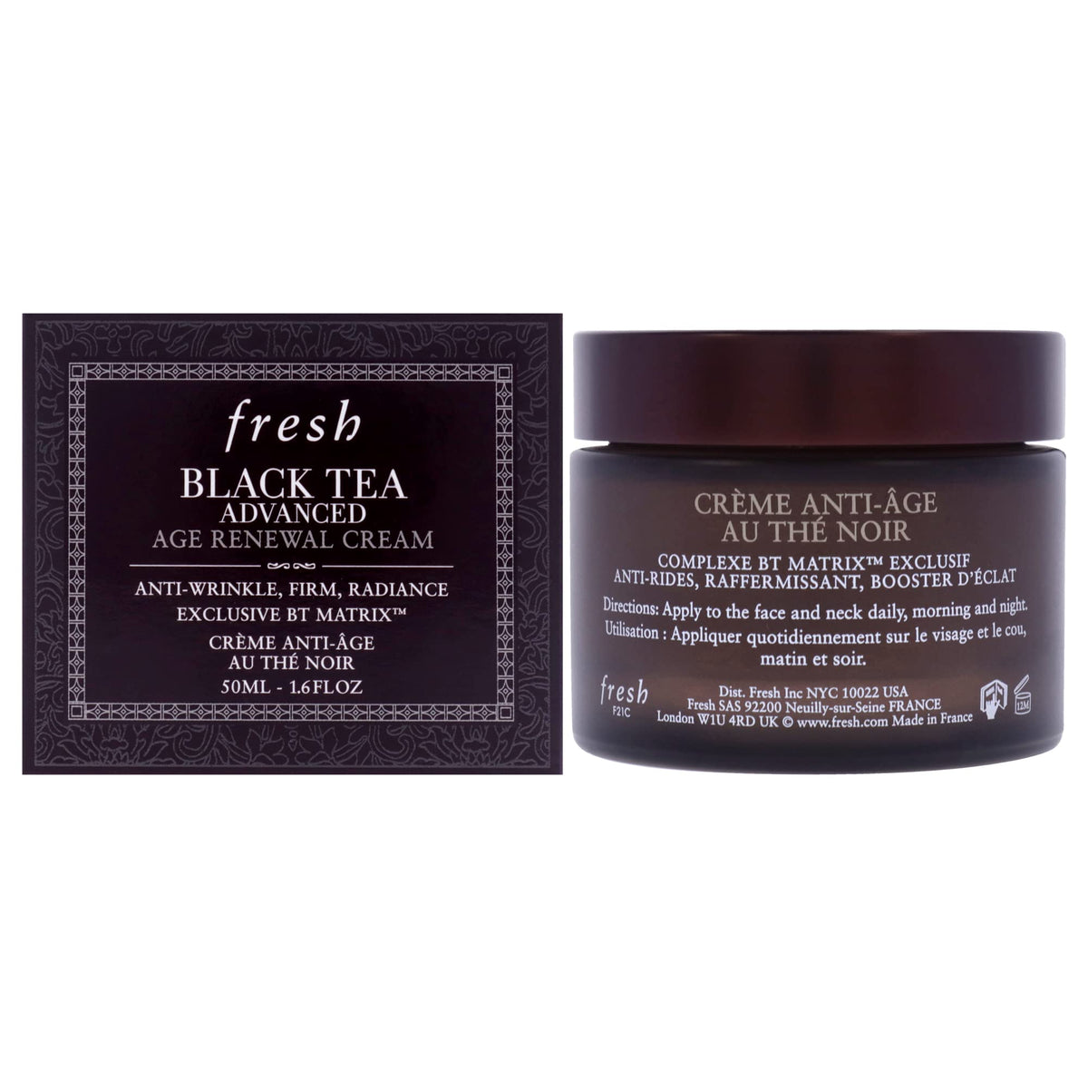 Fresh Crème Anti-âge thé noir, flacon 50 ml, hydratation durable.