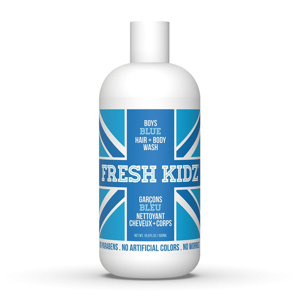 Fresh Kidz: bouteille-douche-enfant-bleu, lavage doux pour peau sensible.