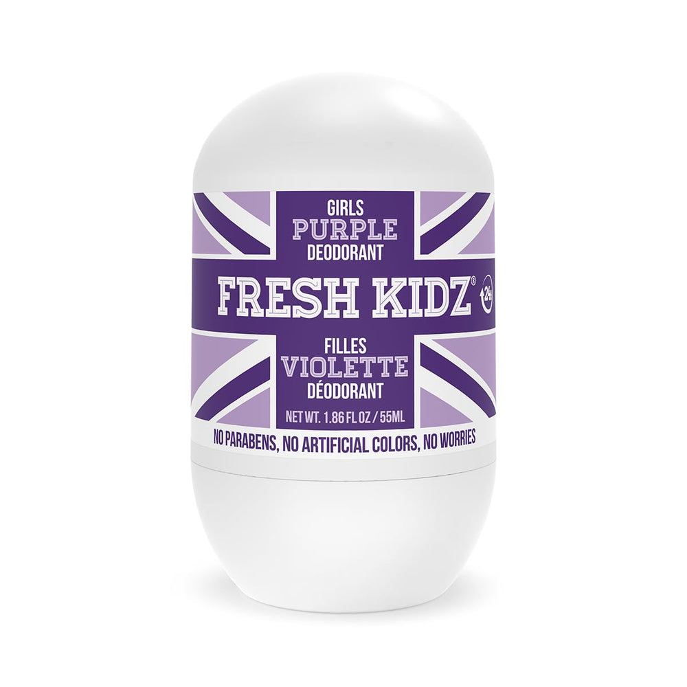 Fresh Kidz déodorant pour filles violet en flacon, protection discrète 24h.