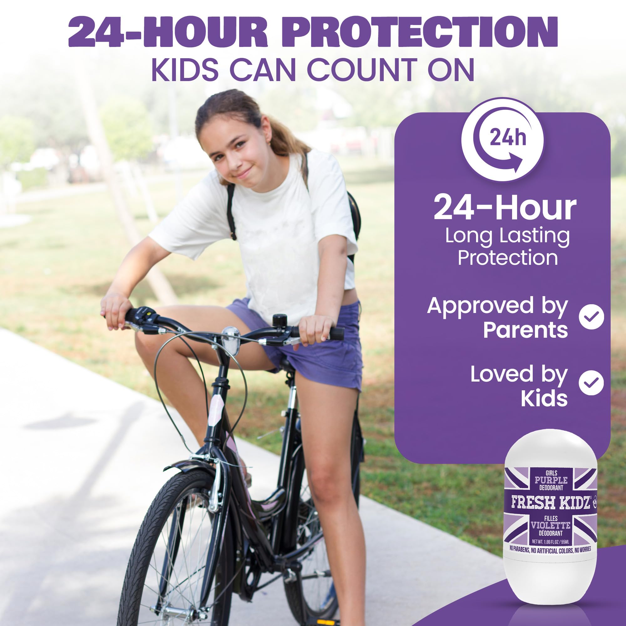 Fresh Kidz 24 heures de protection, idéal pour école et sport.