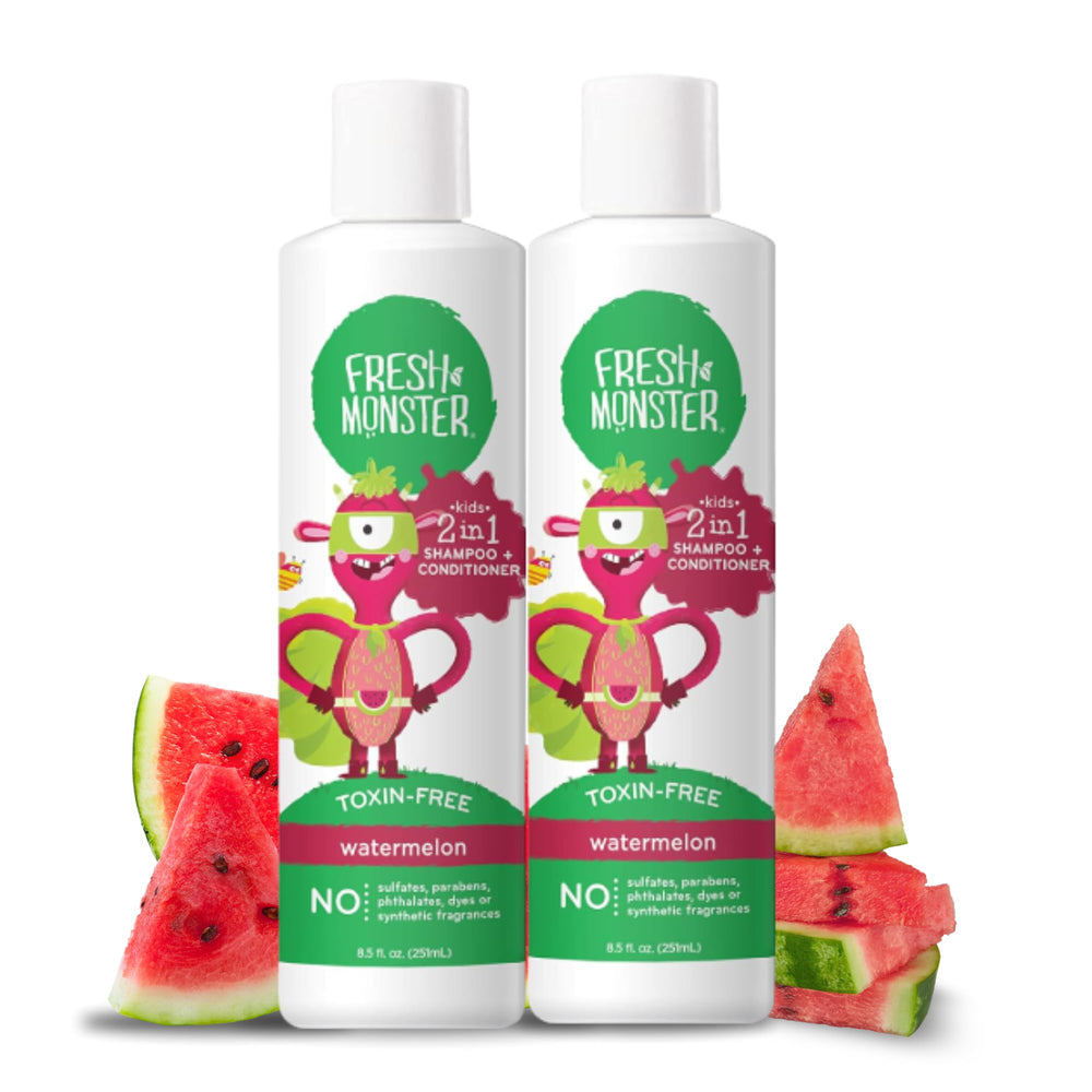 Fresh Monster: bouteille shampoing enfants pasteque, lavage doux et pratique.