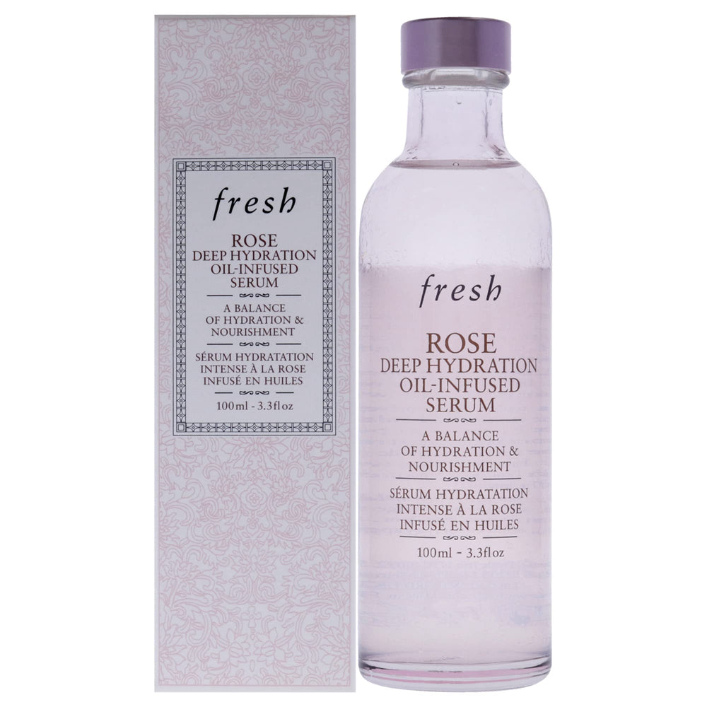 Fresh Sérum hydratant profond à la rose — bouteille montrant une hydratation légère.