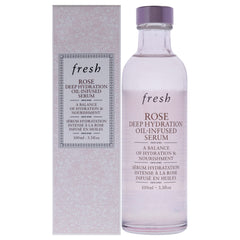Fresh Sérum hydratant profond à la rose — bouteille montrant une hydratation légère.