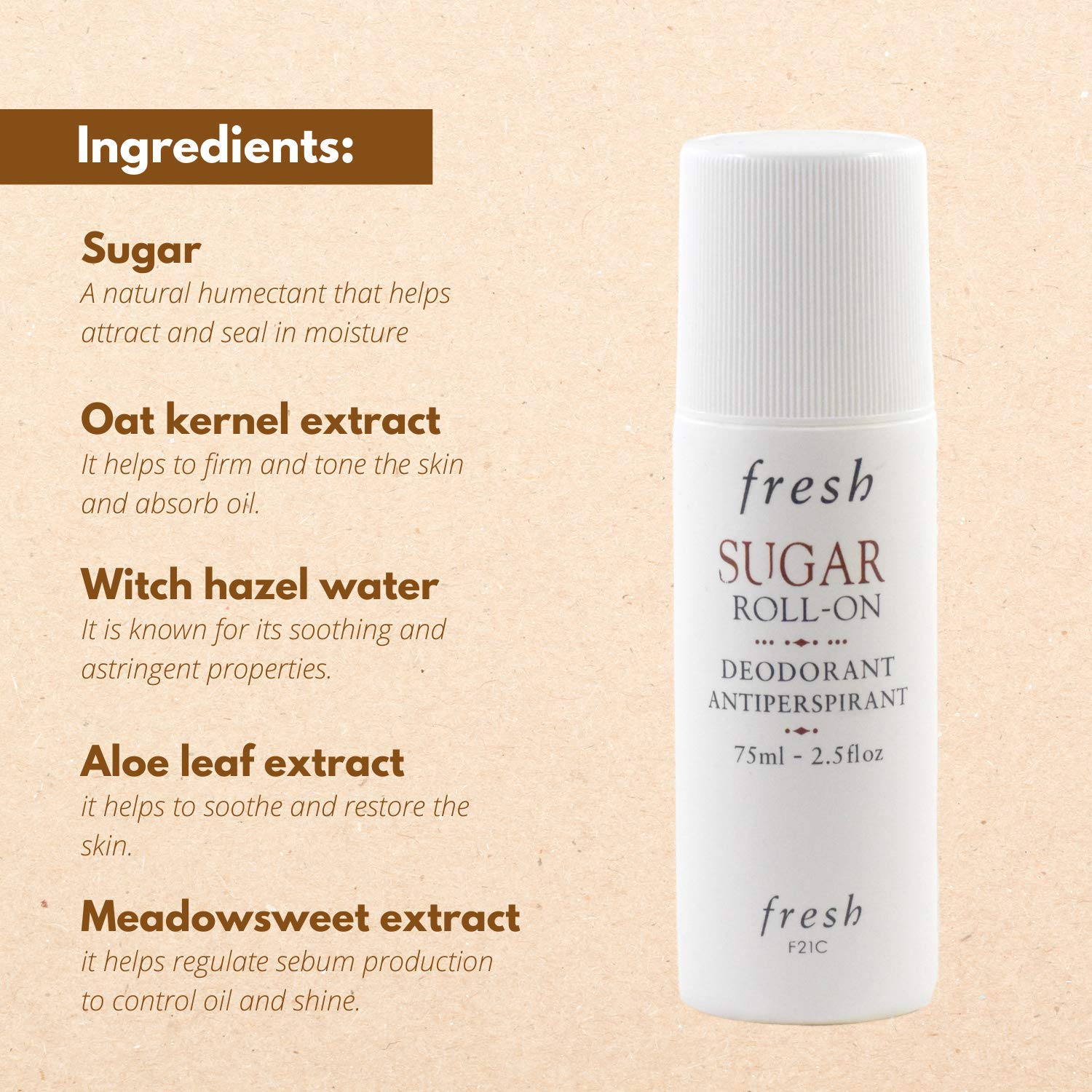 Fresh Sugar Roll-On Déodorant 75 ml, senteur sucre frais pour une fraîcheur durable.