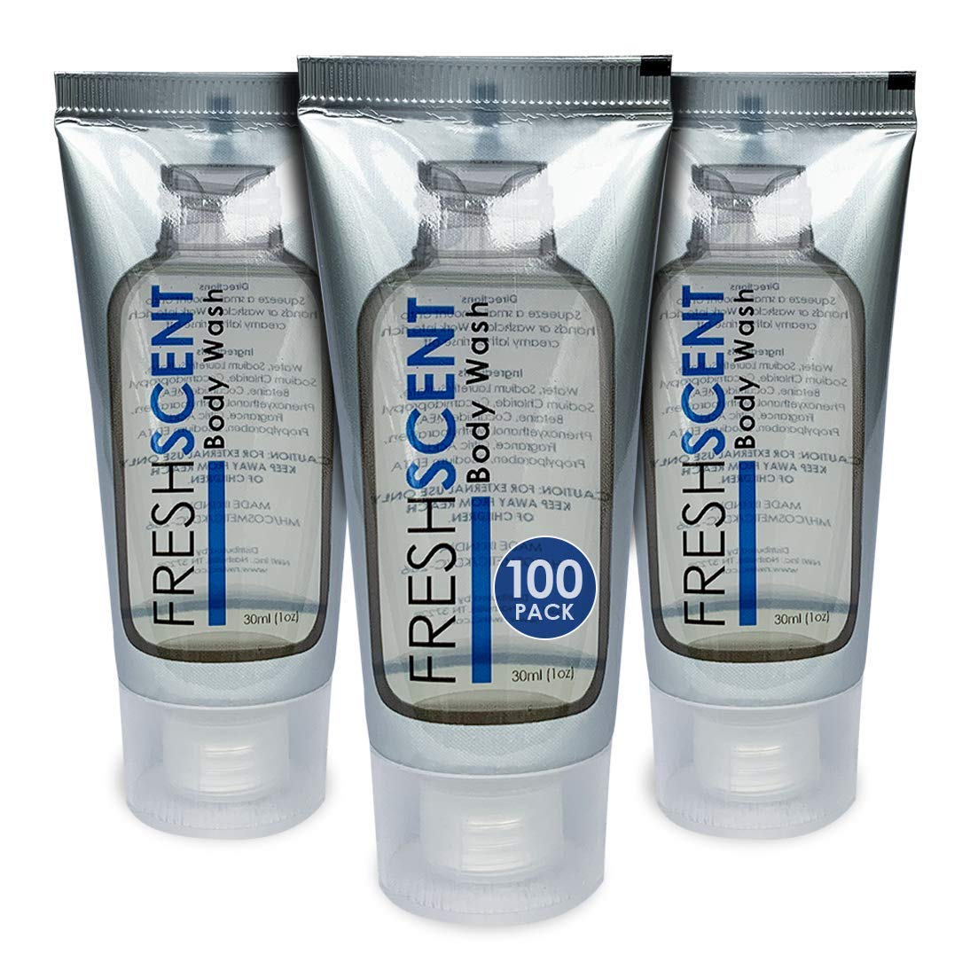 Freshscent Body Wash 1oz dans emballage carton robuste pour réapprovisionnement hôtelier.