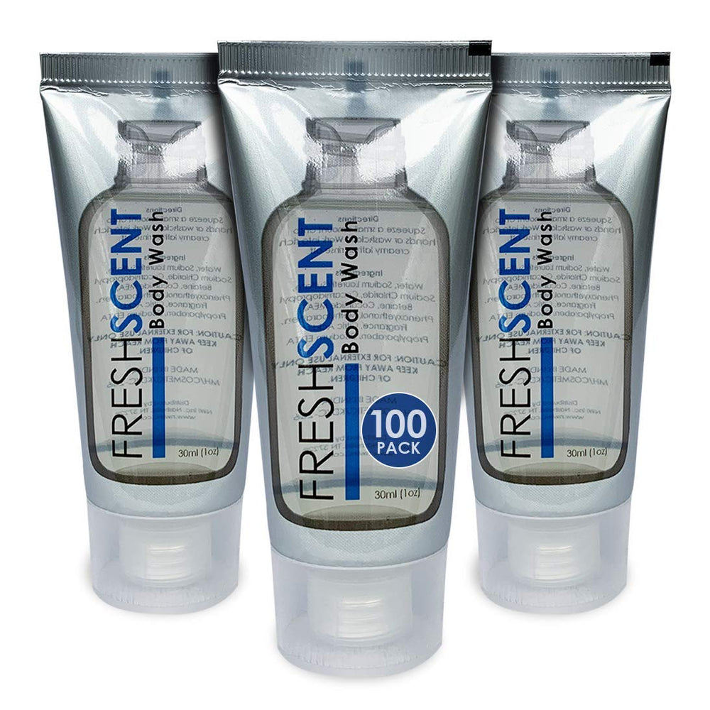 Freshscent Body Wash 1oz dans emballage carton robuste pour réapprovisionnement hôtelier.