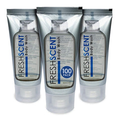 Freshscent Body Wash 1oz dans emballage carton robuste pour réapprovisionnement hôtelier.