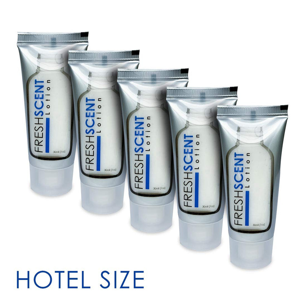 Freshscent Lotion 1oz, affichage hôtel élégant, présentation soignée et hygiène simplifiée.