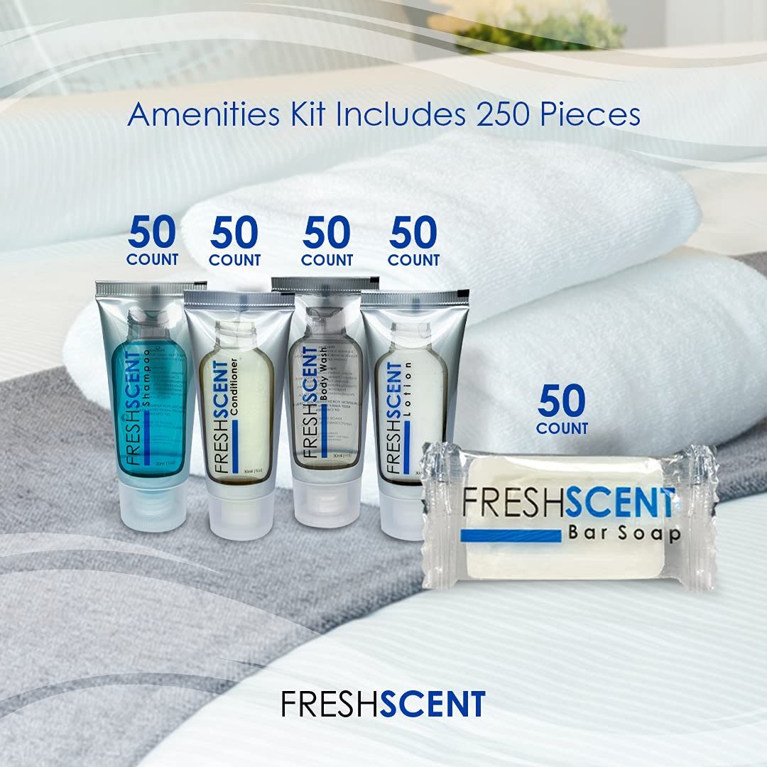 Shampooing Freshscent 1oz prêt à l’utilisation dans les salles de bains d’hôtel.