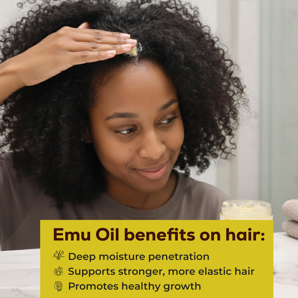 Application douce de Fro Butter Emu Oil facilitant le démêlage des cheveux.