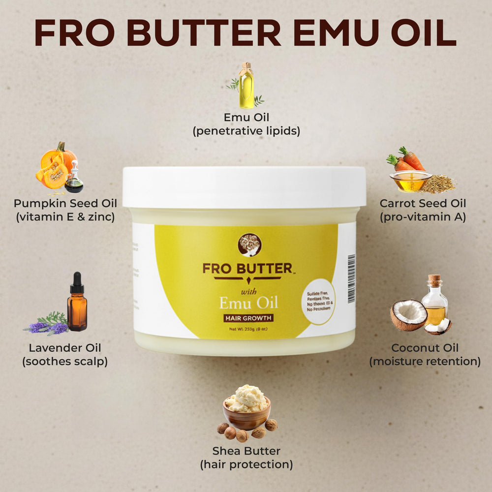 Le cuir chevelu bénéficie de Fro Butter Emu Oil nourri par vitamines A et E.