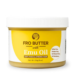 Fro Butter Emu Oil montre texture beurre fouetté pour hydrater les boucles.