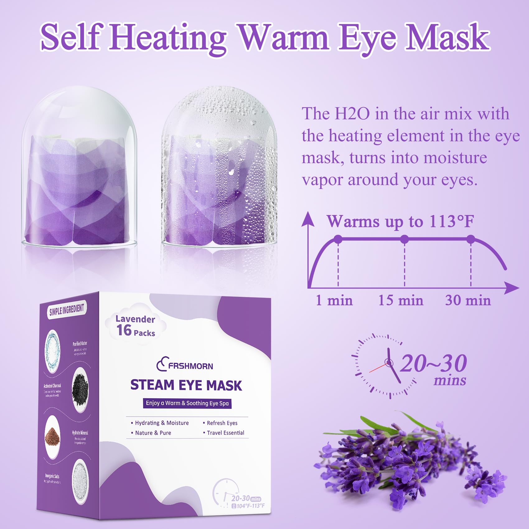 FRSHMORN masque yeux à vapeur lavande avec bande élastique pour ajustement sûr.