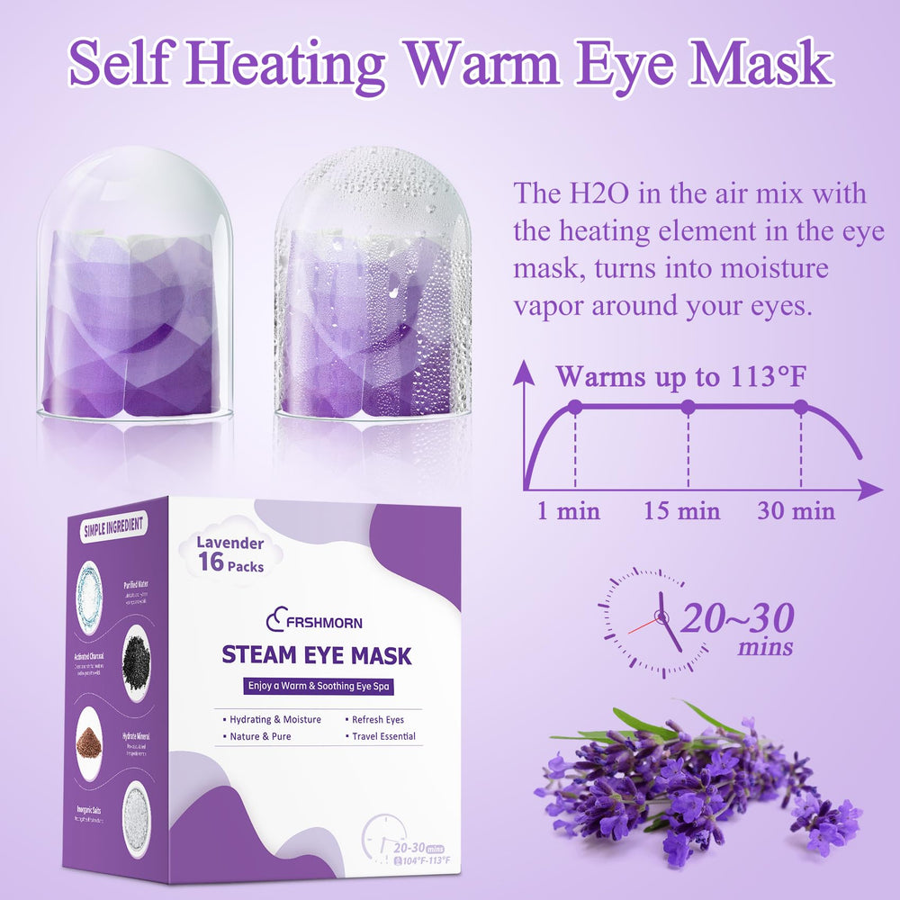 FRSHMORN masque yeux à vapeur lavande avec bande élastique pour ajustement sûr.