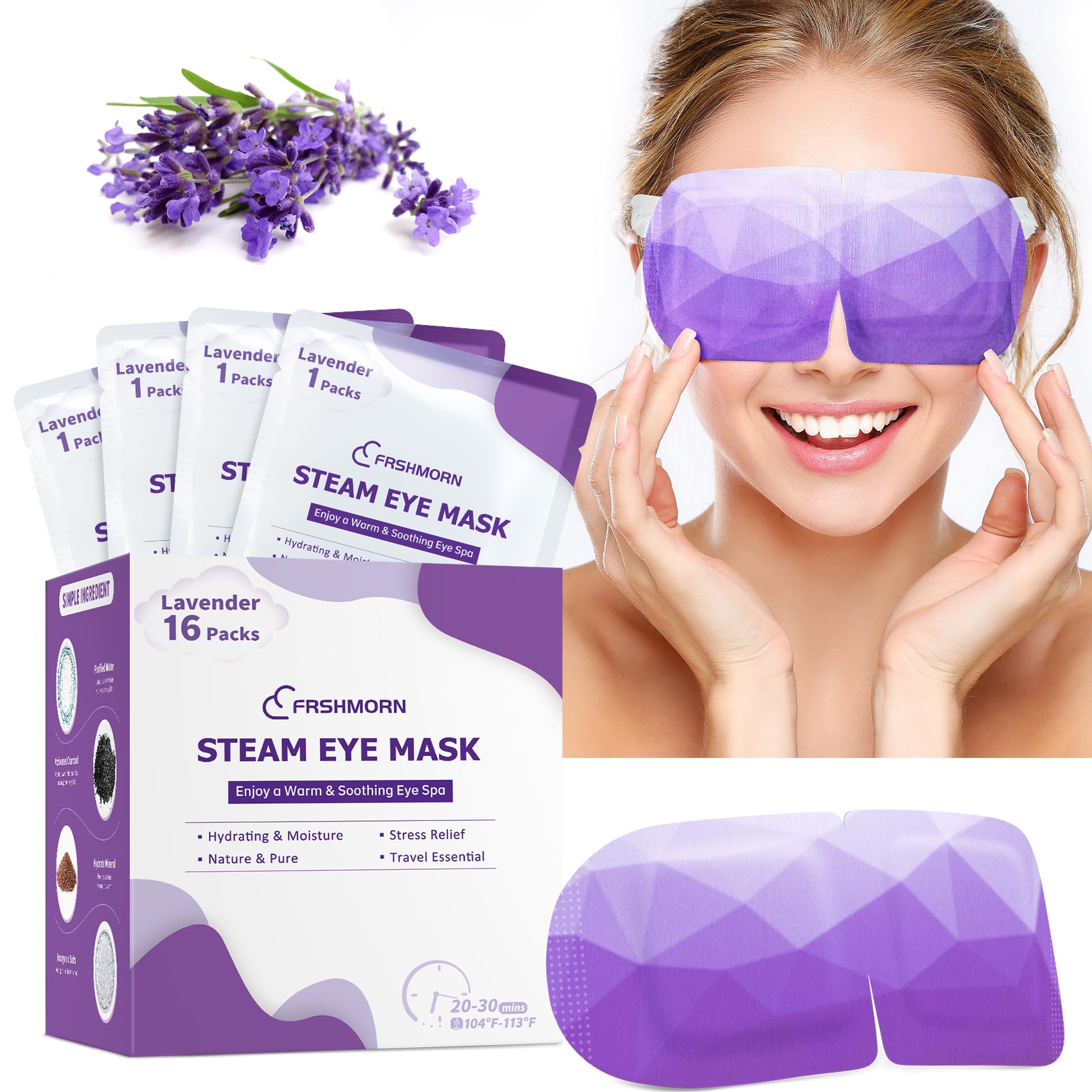 FRSHMORN masque yeux à vapeur lavande pour détente et sommeil plus reposant.