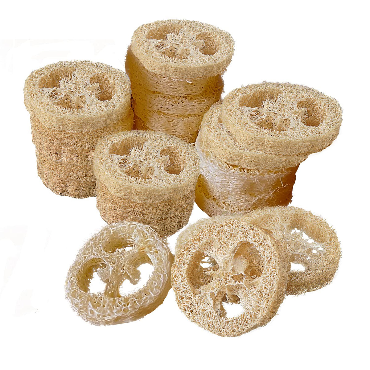 Éponge loofah naturelle FRTIM prête pour le savon et le gommage doux.