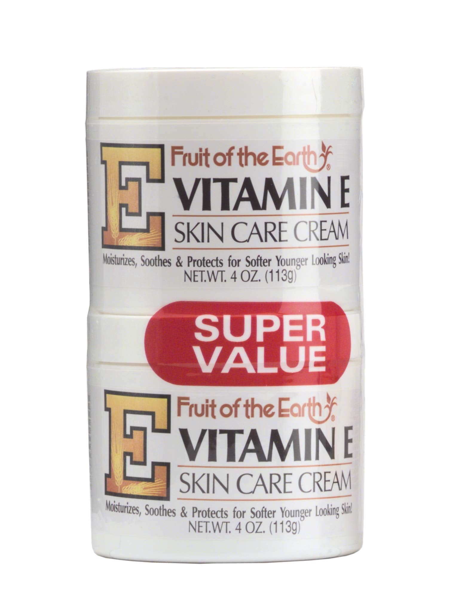 Crème vitamine E Fruit of the Earth, bocal 118 ml, hydratation quotidienne pour peau sèche.