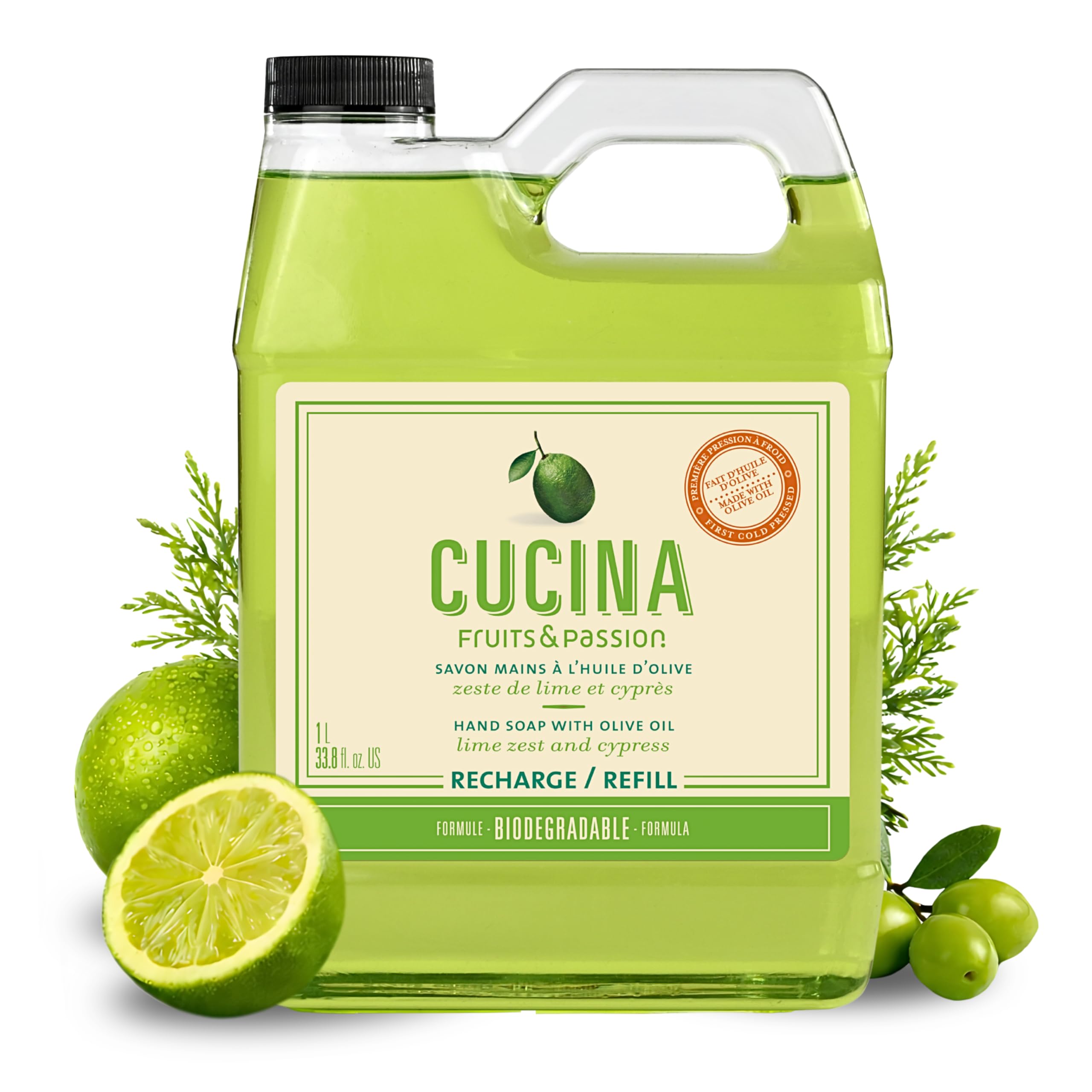 Savon Cucina de Fruits and Passion, flacon clair, zeste de citron vert et cyprès, parfum frais.