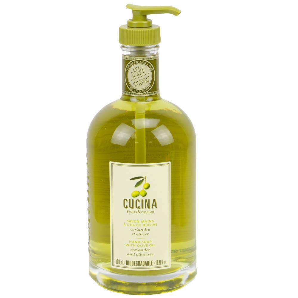 Savon pour les mains Fruits et Passion Cucina en flacon verre avec pompe, lavage doux.