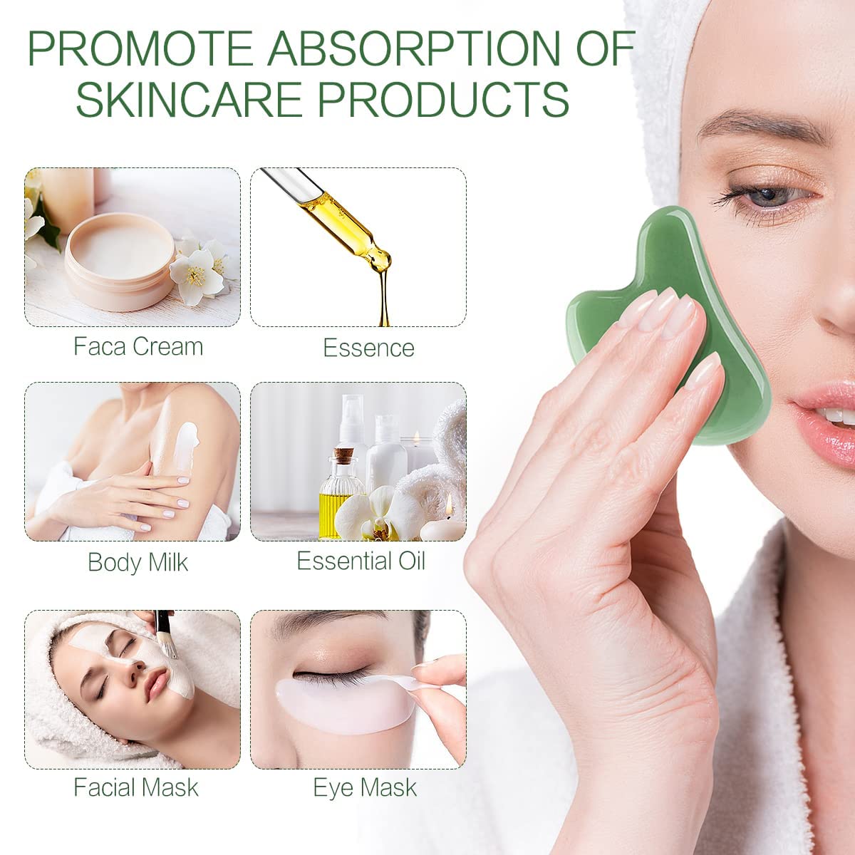 FUANKANG Gua Sha lifting-visage-pierre-verte contribue à lisser les contours faciaux.