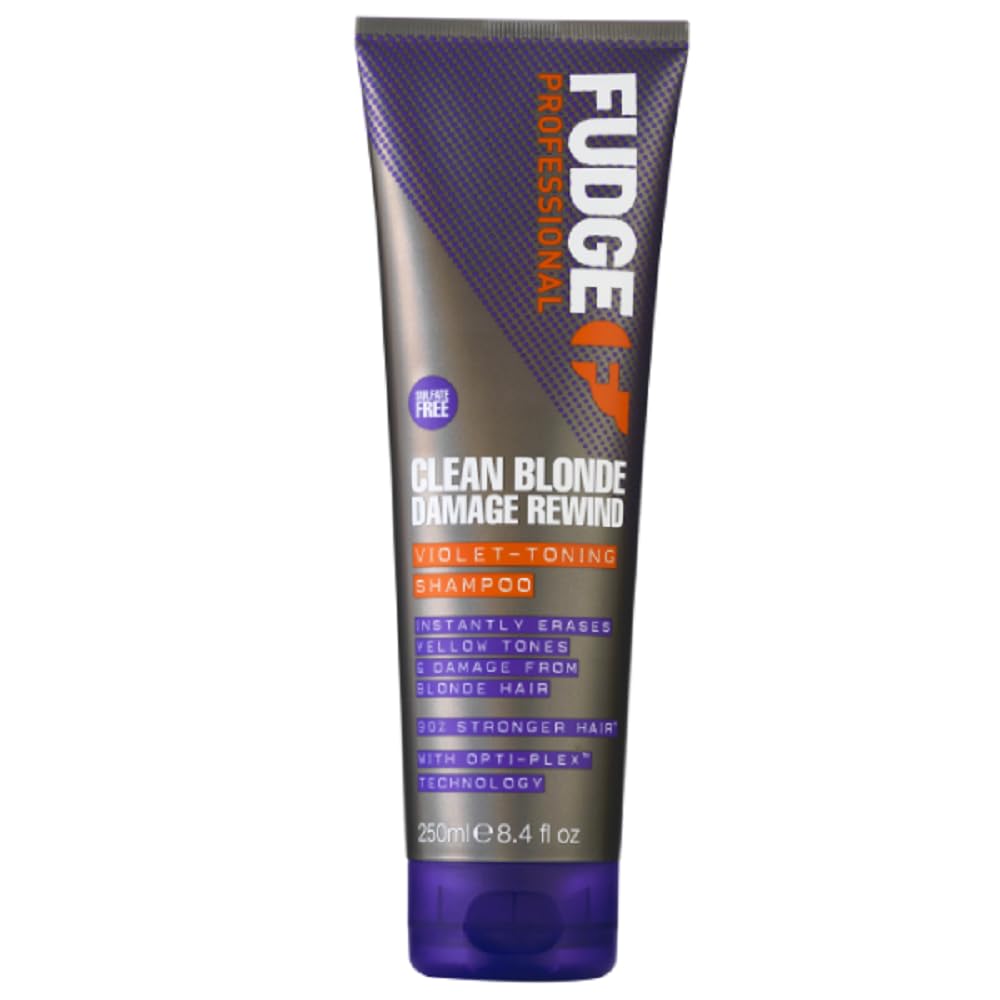 Fudge Shampoing violet pour blondes endommagées, bouteille violette, neutralise les reflets jaunes