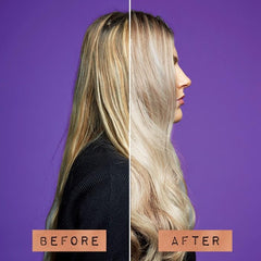 Fudge Clean Blonde, cheveux blonds nourris et lumineux après utilisation.