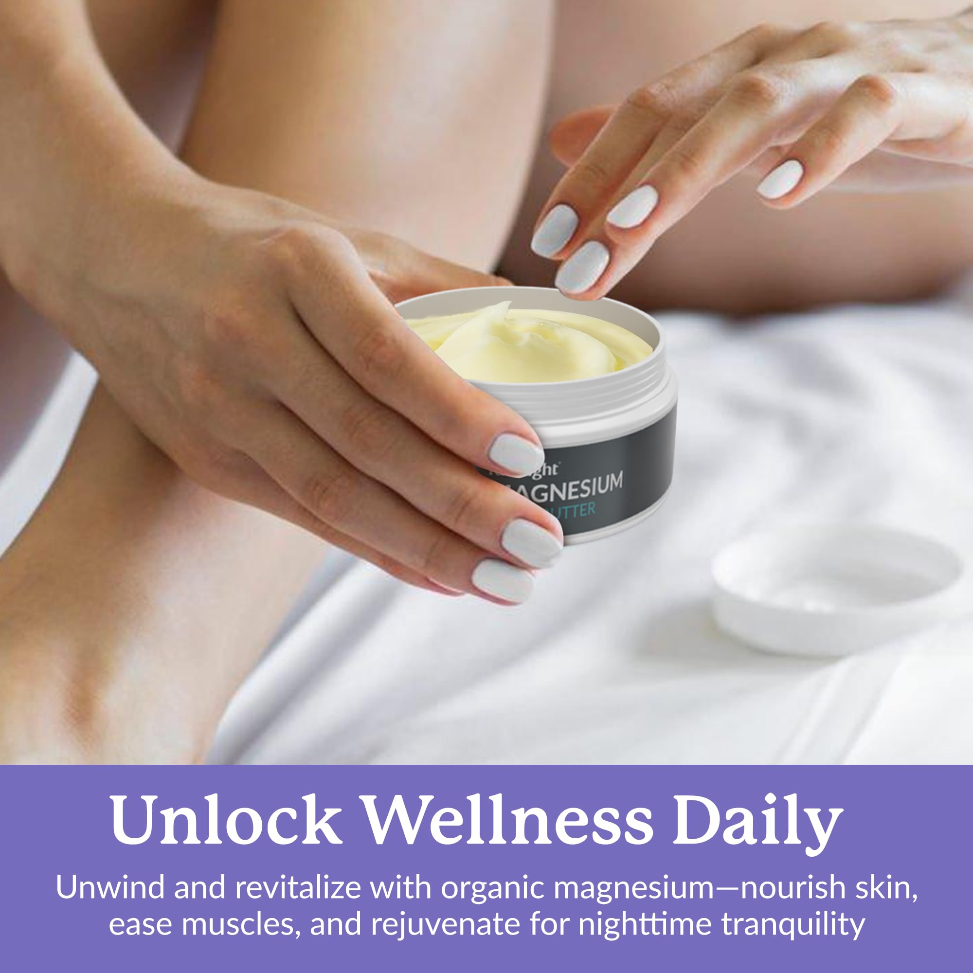 4oz Full Eight magnesium body butter packaging, compact for on-the-go use.