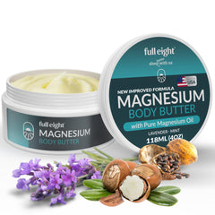 Application on leg with Full Eight magnesium body butter for soothing relief.