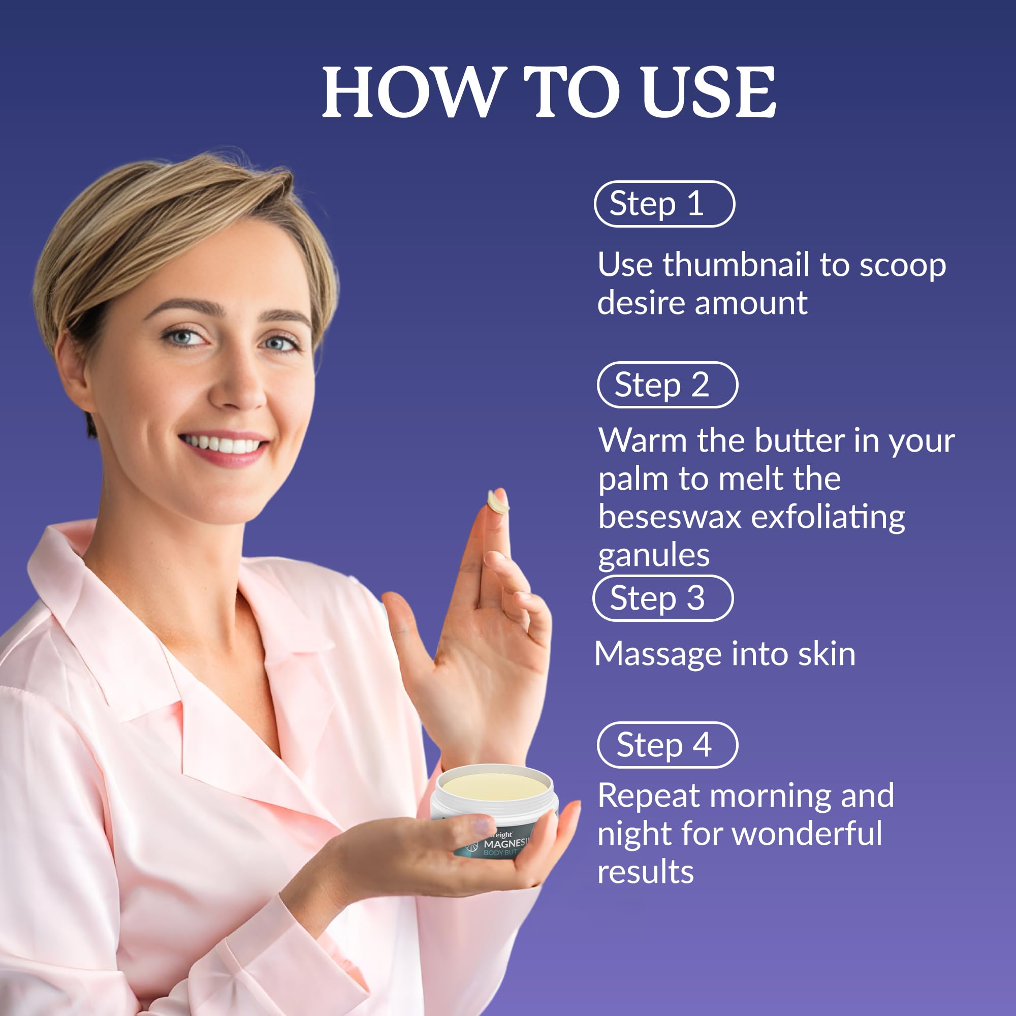 Beeswax granules in Full Eight magnesium body butter provide natural exfoliation.