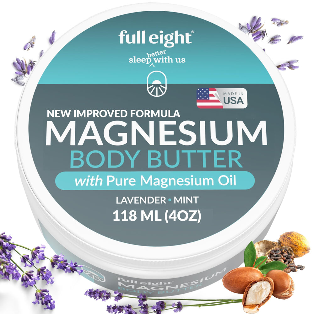 Full Eight magnesium body butter jar shows rich texture for deep tissue comfort.