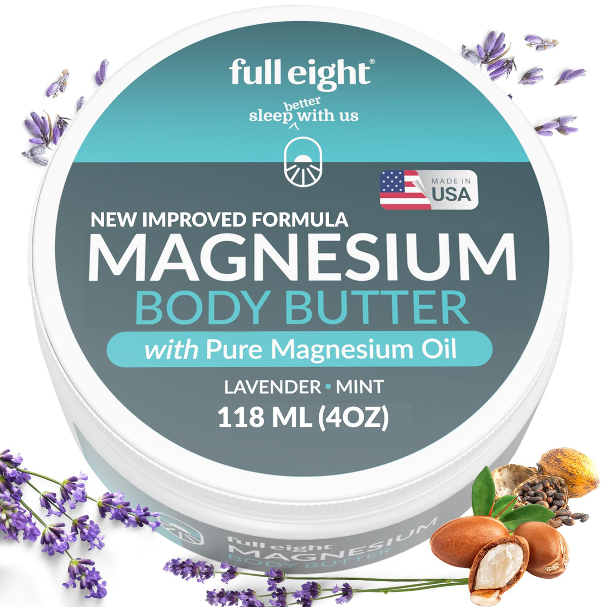 Full Eight magnesium body butter jar shows rich texture for deep tissue comfort.