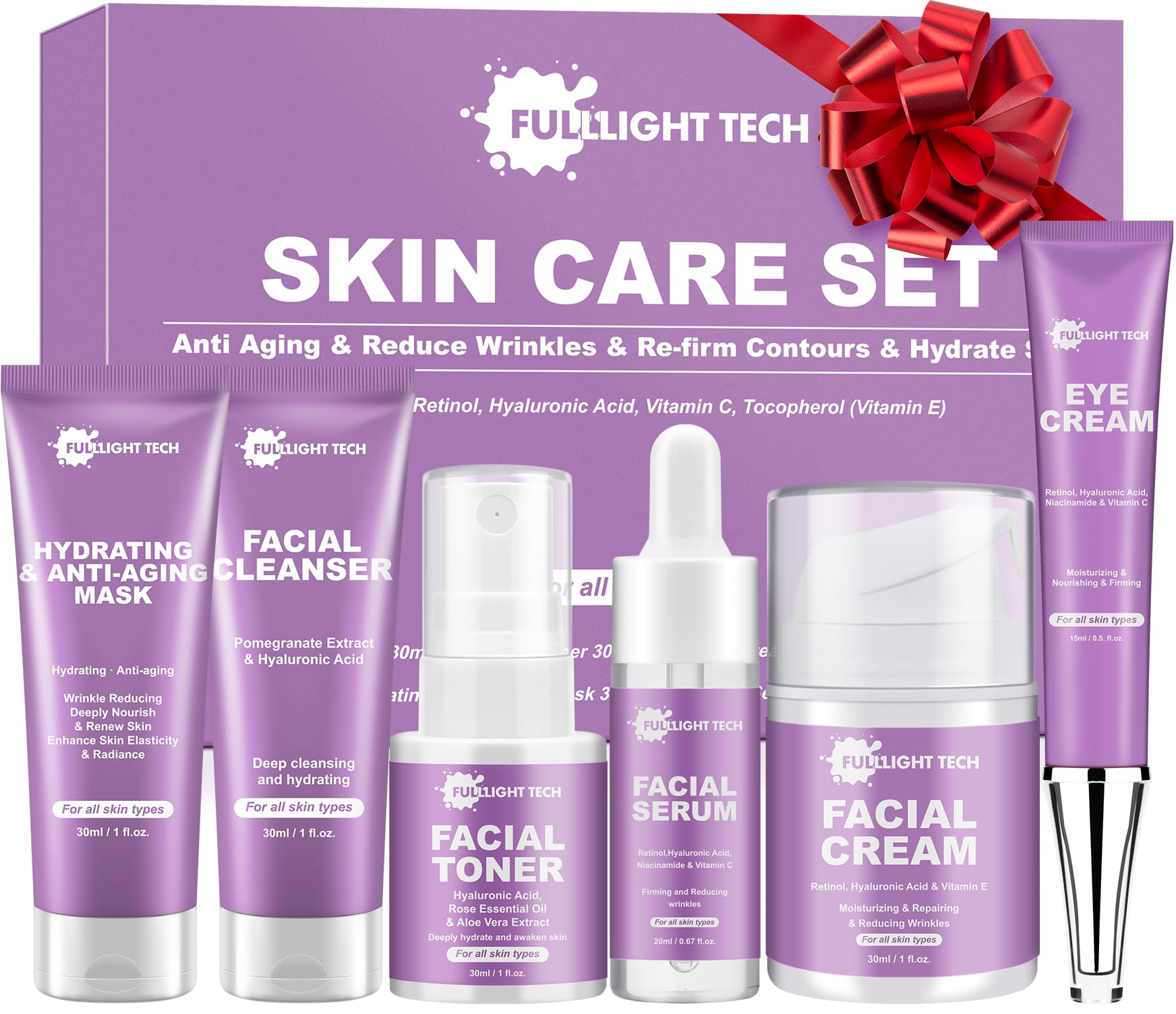 Fulllight Tech ensemble soin visage six pièces, routine complète pour peau hydratée et lumineuse.