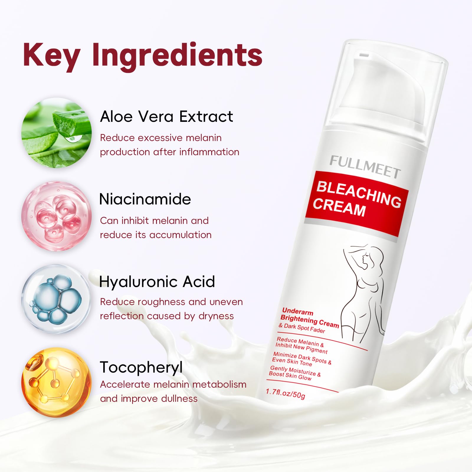 FullMeet Creme éclaircissante – aisselles en vue, absorption rapide et hydratation douce.
