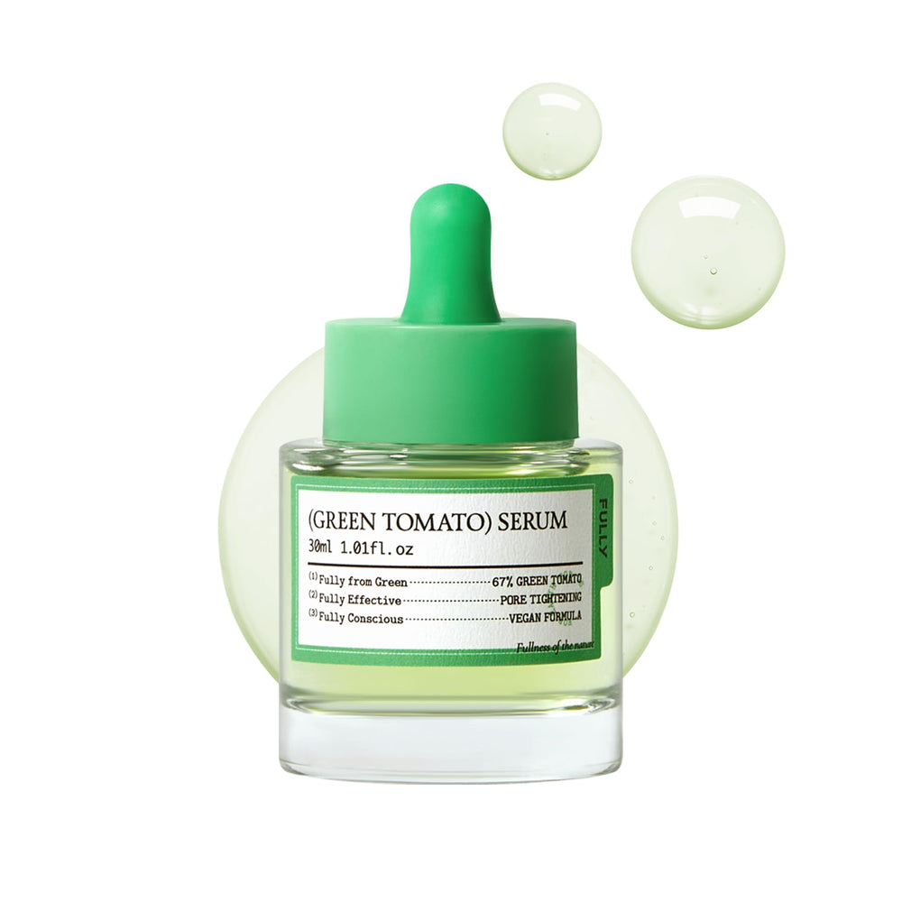 Sérum tomate verte FULLY dans sa bouteille, prêt à raffermir la peau.