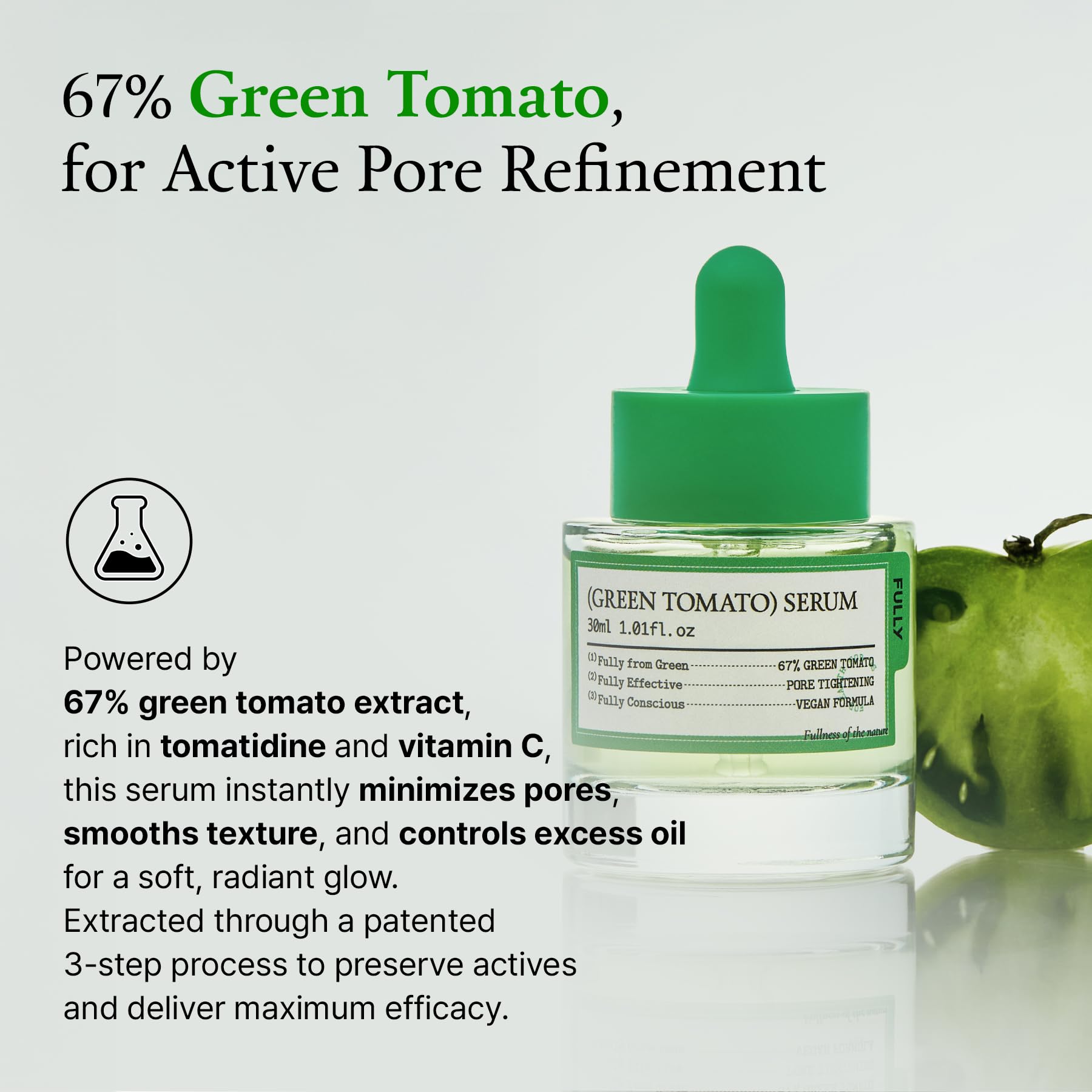 Sérum FULLY Tomate Verte, usage quotidien pour hydrater et augmenter l’élasticité.