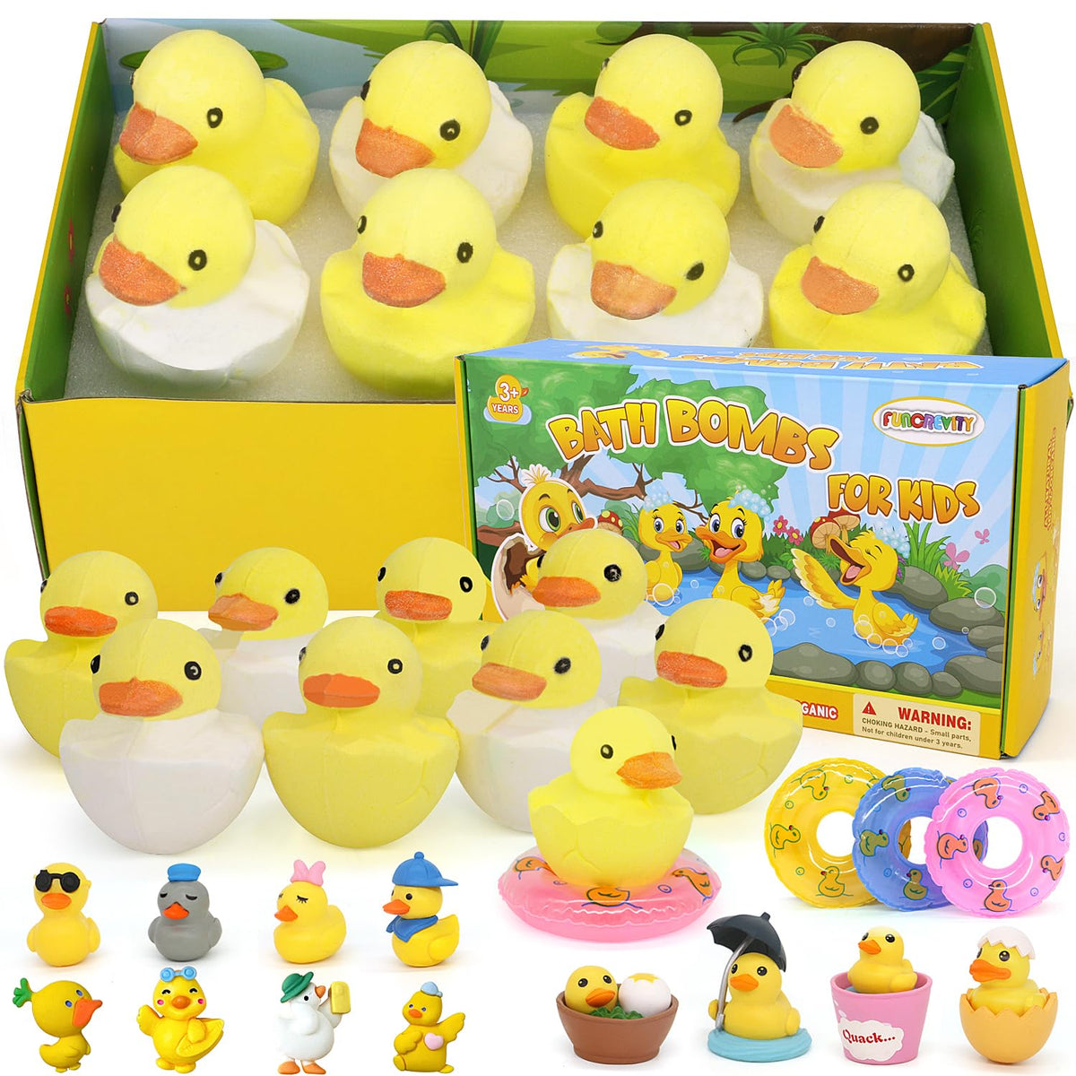 Bombes de bain Funcrevity pour enfants avec surprise intérieure et eau colorée.