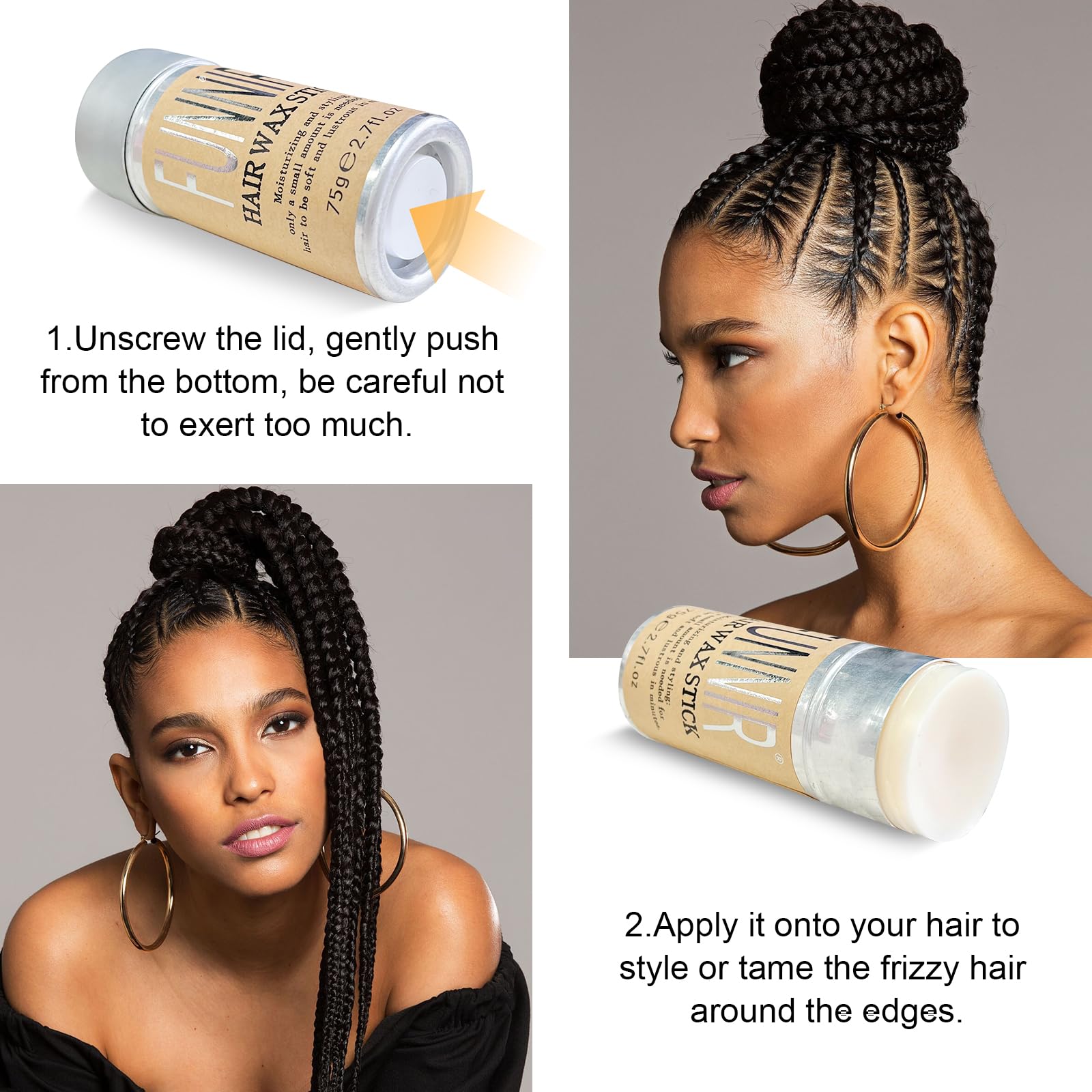FUNNIR Hair Wax Stick bun-making action for sleek updos.