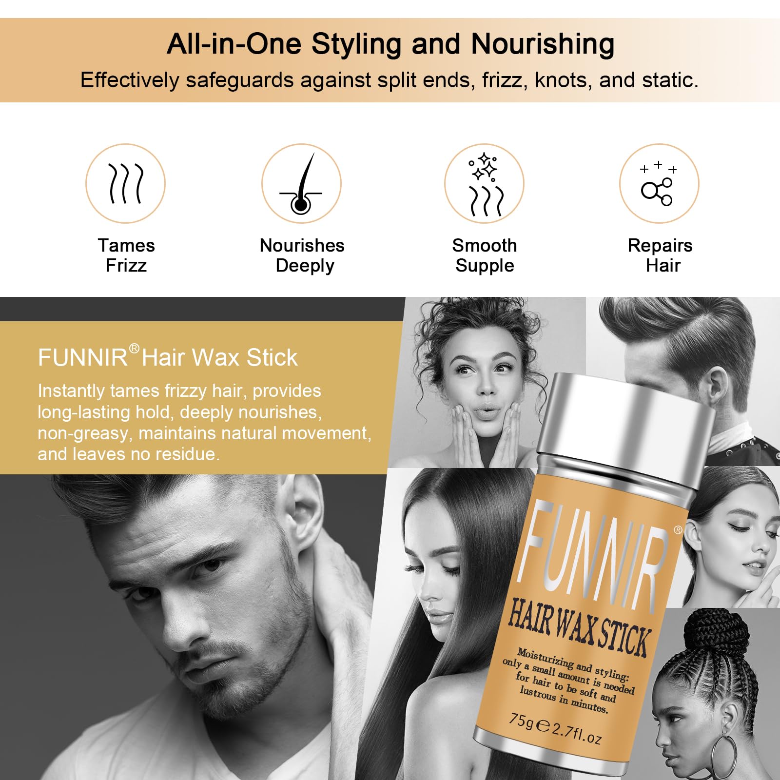 FUNNIR Hair Wax Stick provides a smooth, non-greasy finish for styled hair.