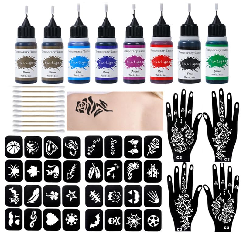 Kit Funtigee tatouage temporaire avec bouteilles de couleurs pour créations faciles.