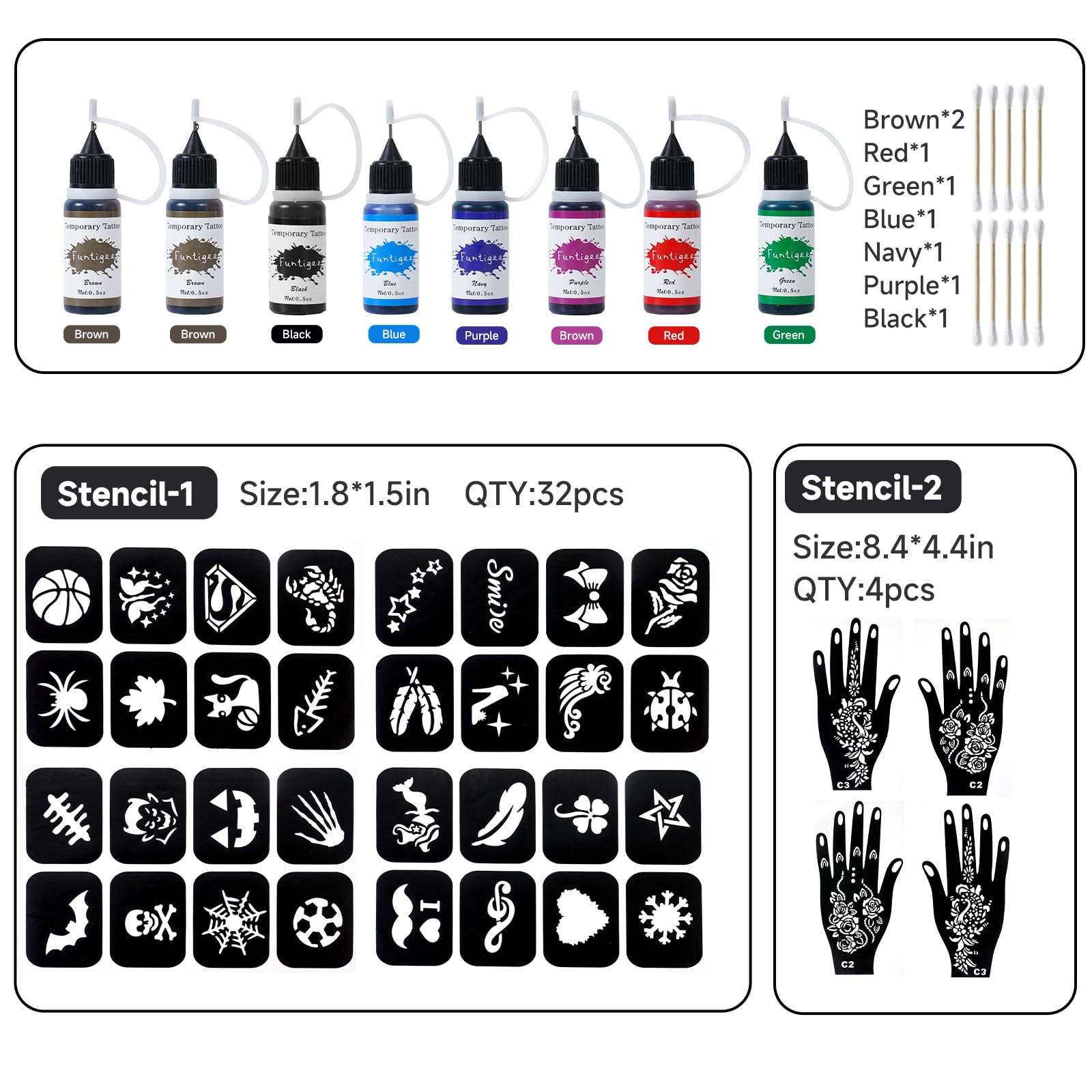 Pochoirs Mains Funtigee pour tatouages temporaires précis et rapides.