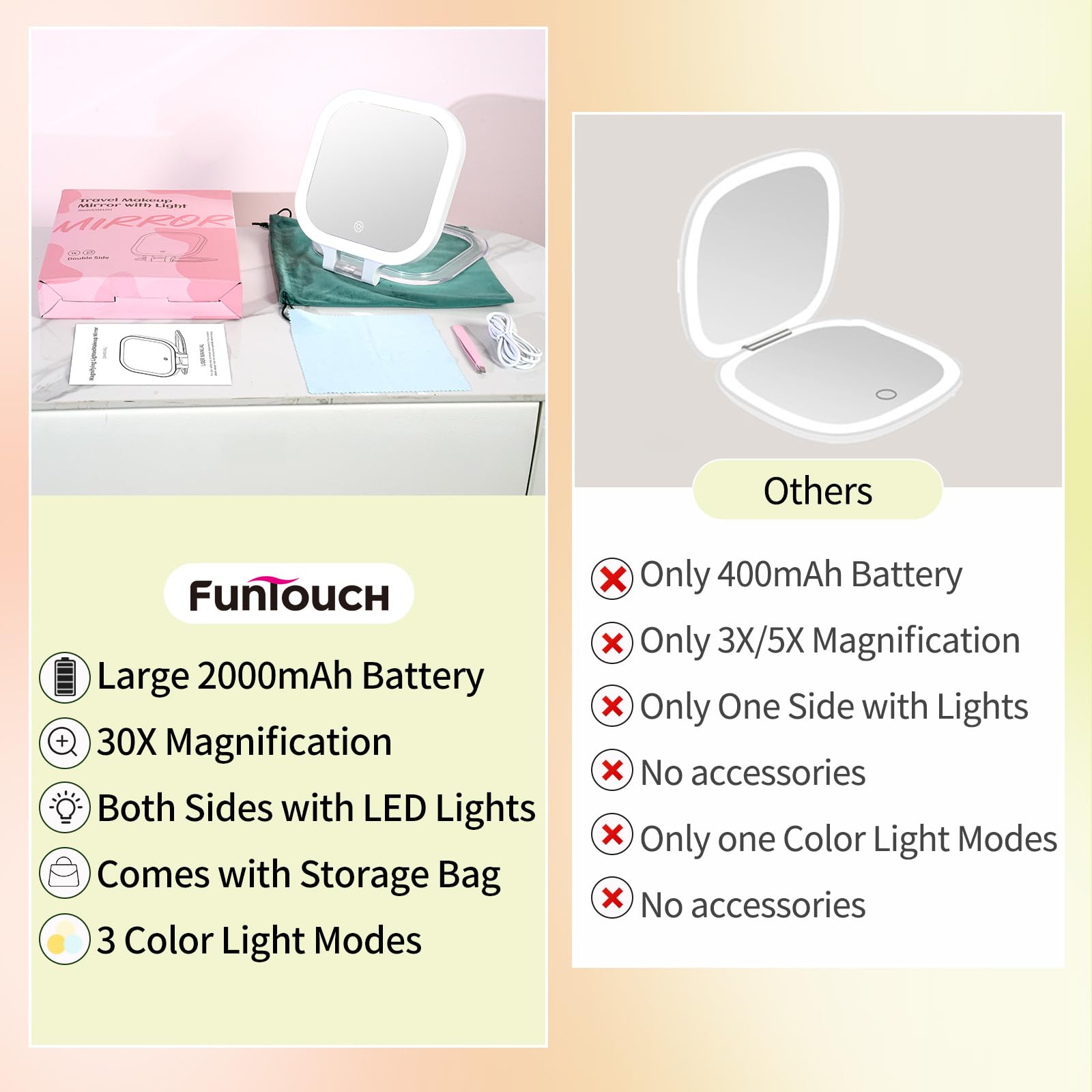 Miroir FUNTOUCH portable léger, facile à glisser dans un sac.