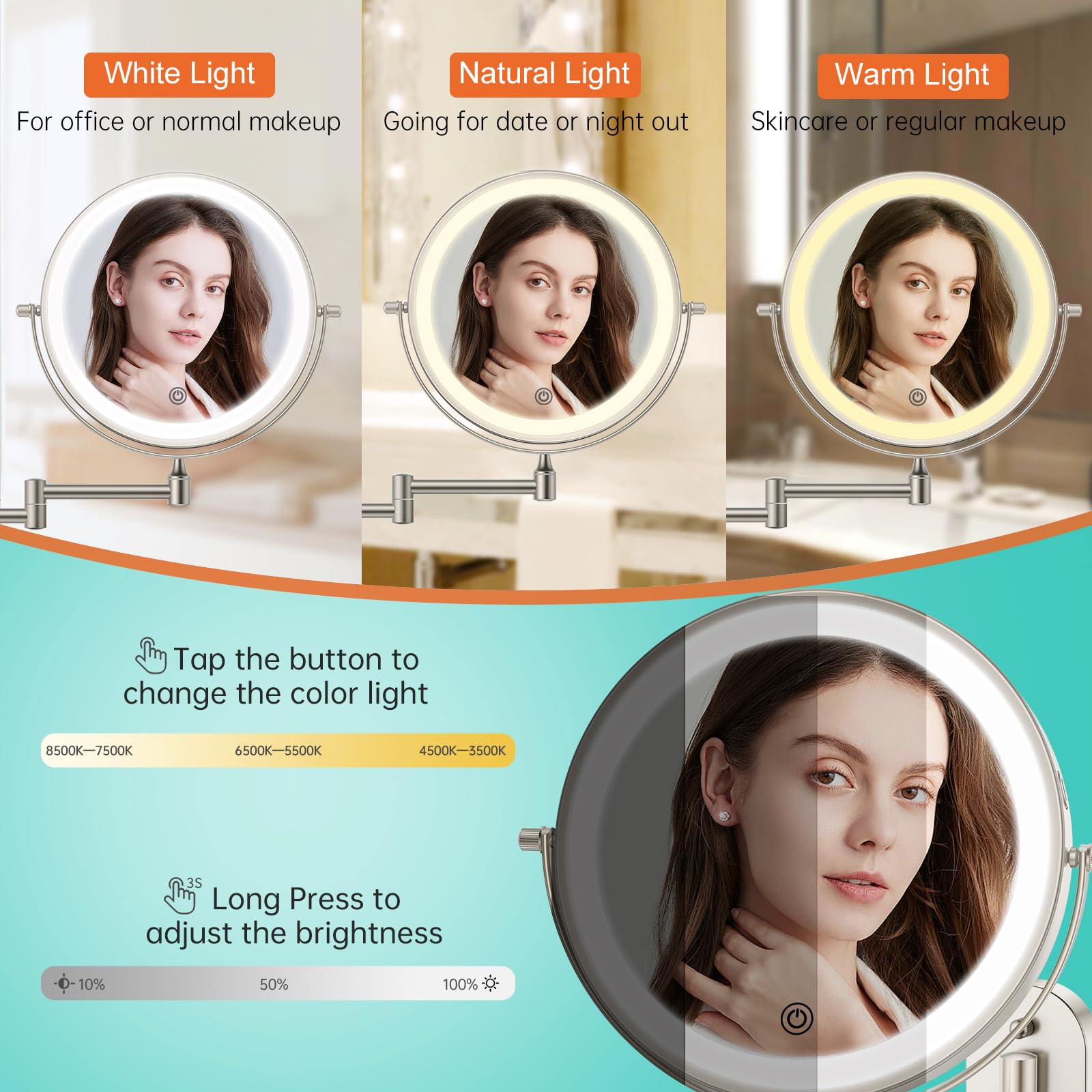 Miroir FUNTOUCH éclairage 3 couleurs pour vérifier le look sous différents éclairages.