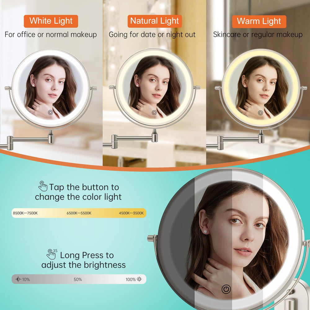 Miroir FUNTOUCH éclairage 3 couleurs pour vérifier le look sous différents éclairages.