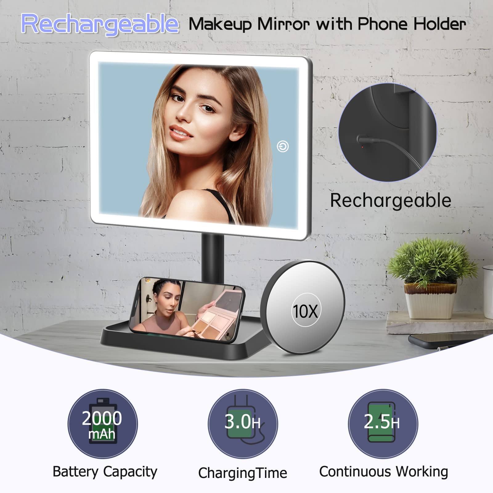 Miroir FUNTOUCH avec grossissement 10x détachable pour les détails précis lors du maquillage.