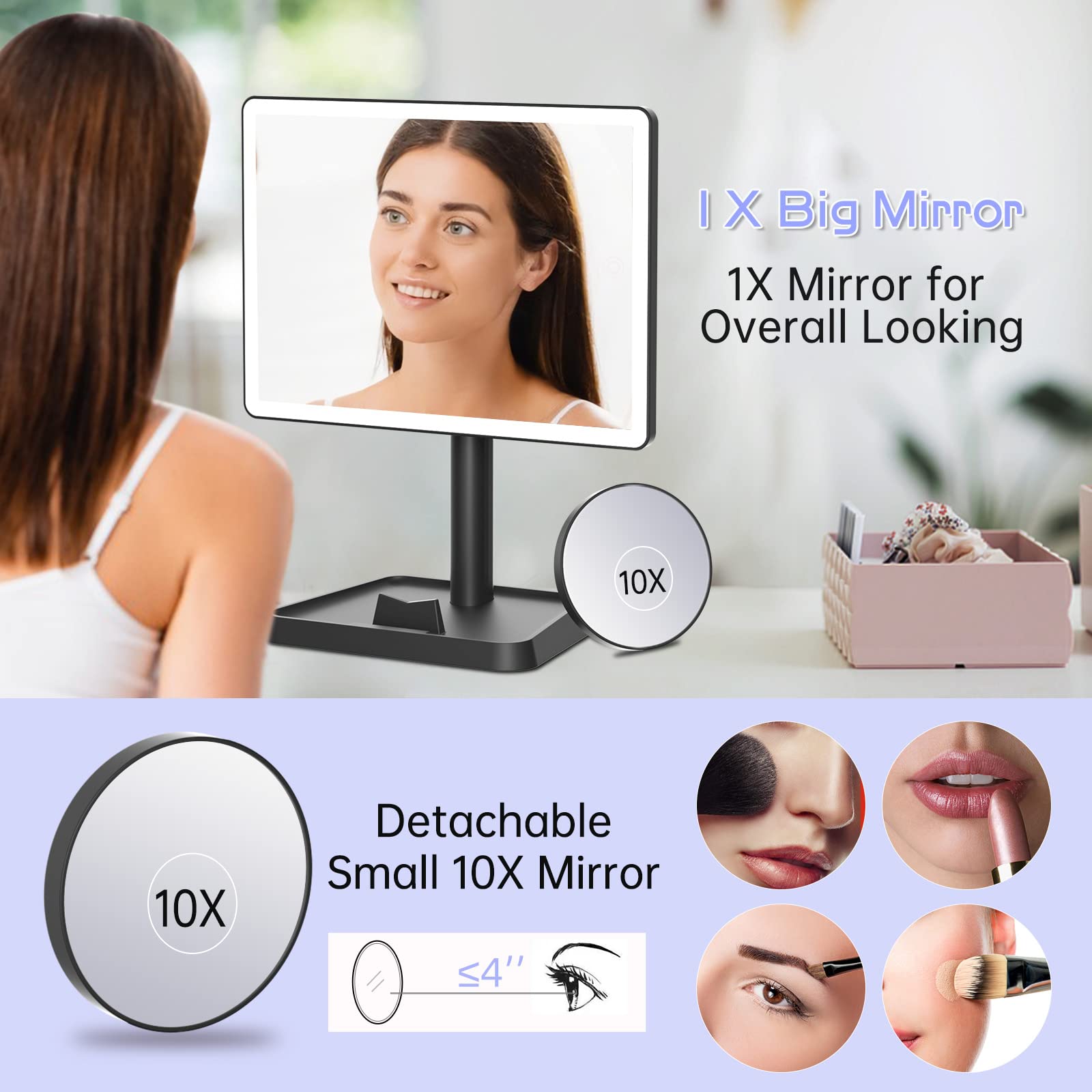 Miroir FUNTOUCH rechargeable via USB-C, pratique en déplacement.