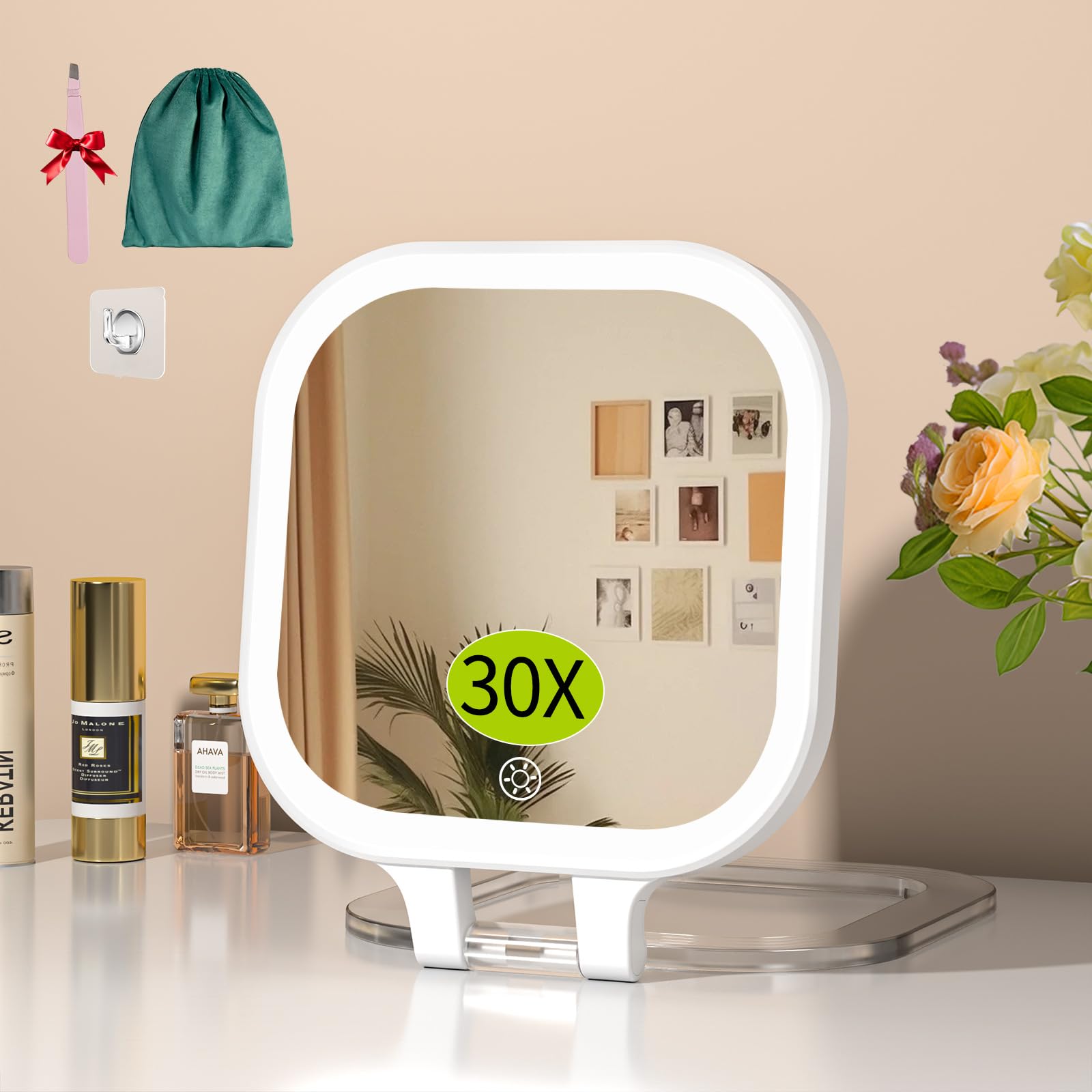 Miroir FUNTOUCH double-face 1x et 30x pour un maquillage précis.