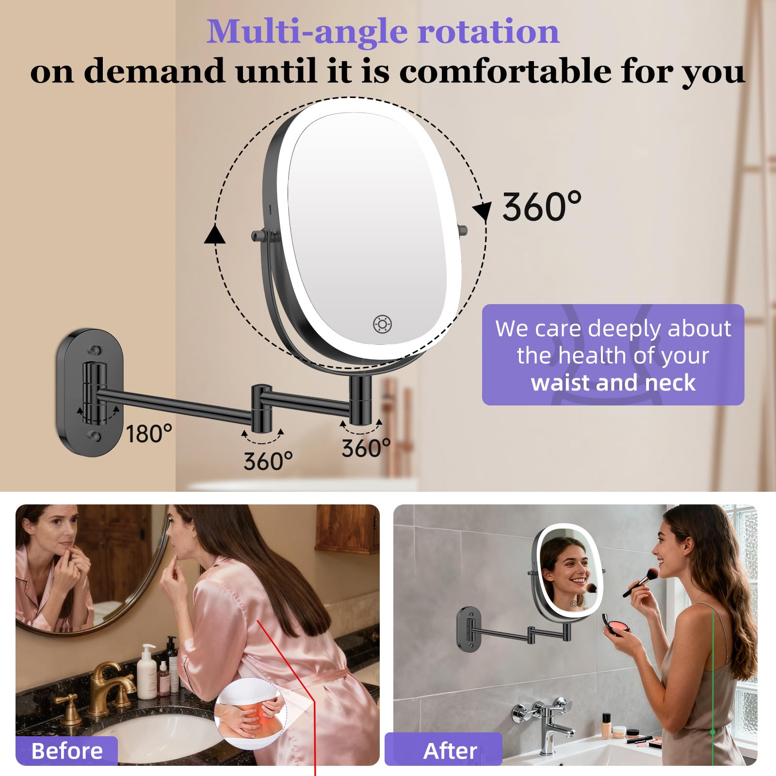 Miroir FUNTOUCH bras pliable pour gain d'espace.